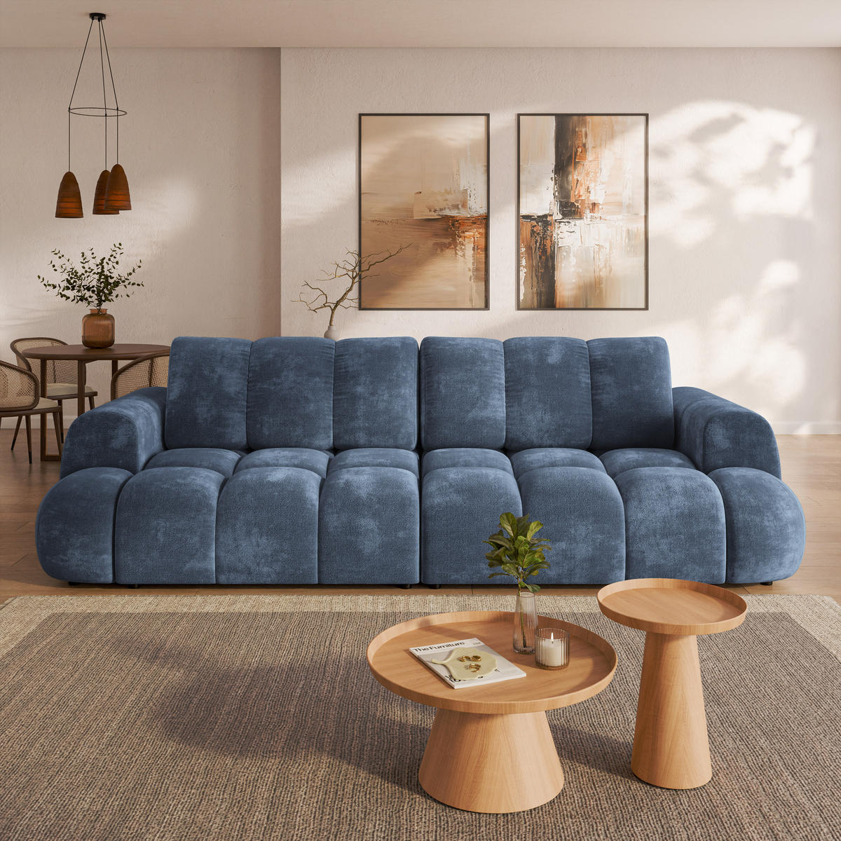 BETTSOFA DAFNE Blau Chenille-Stoff mit Schlaffunktion - Blau, Textil (300/88/113cm) - MASSENO
