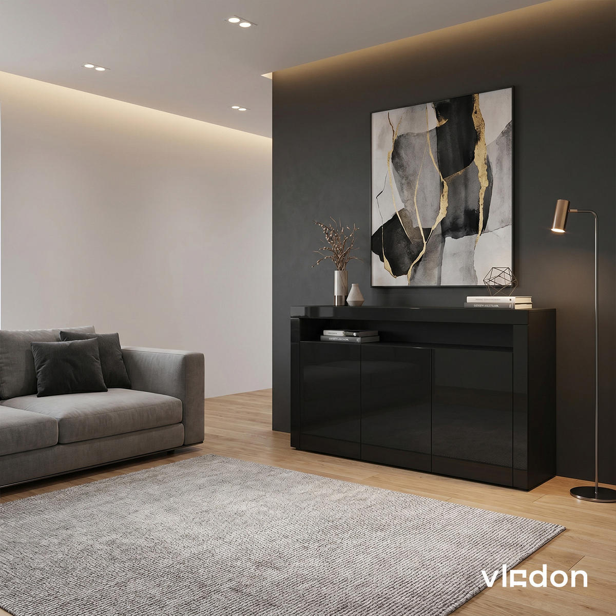 SIDEBOARD Valencia Schwarz Hochglanz / Schwarz Hochglanz - Schwarz Hochglanz, Holzwerkstoff (155/92/40cm) - Vladon