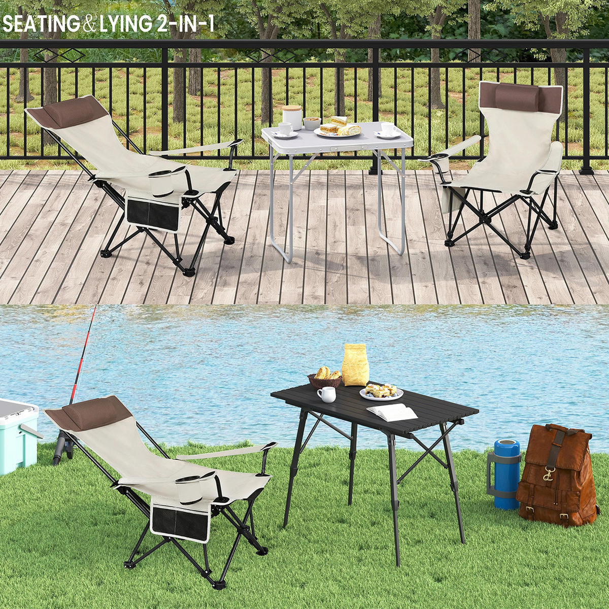 GARTENLIEGE Klappbar Beige mit Kopfstütze, Getränkehalter & Aufbewahrungstasche - Beige, Textil/Metall (58.5/83cm) - Kaket