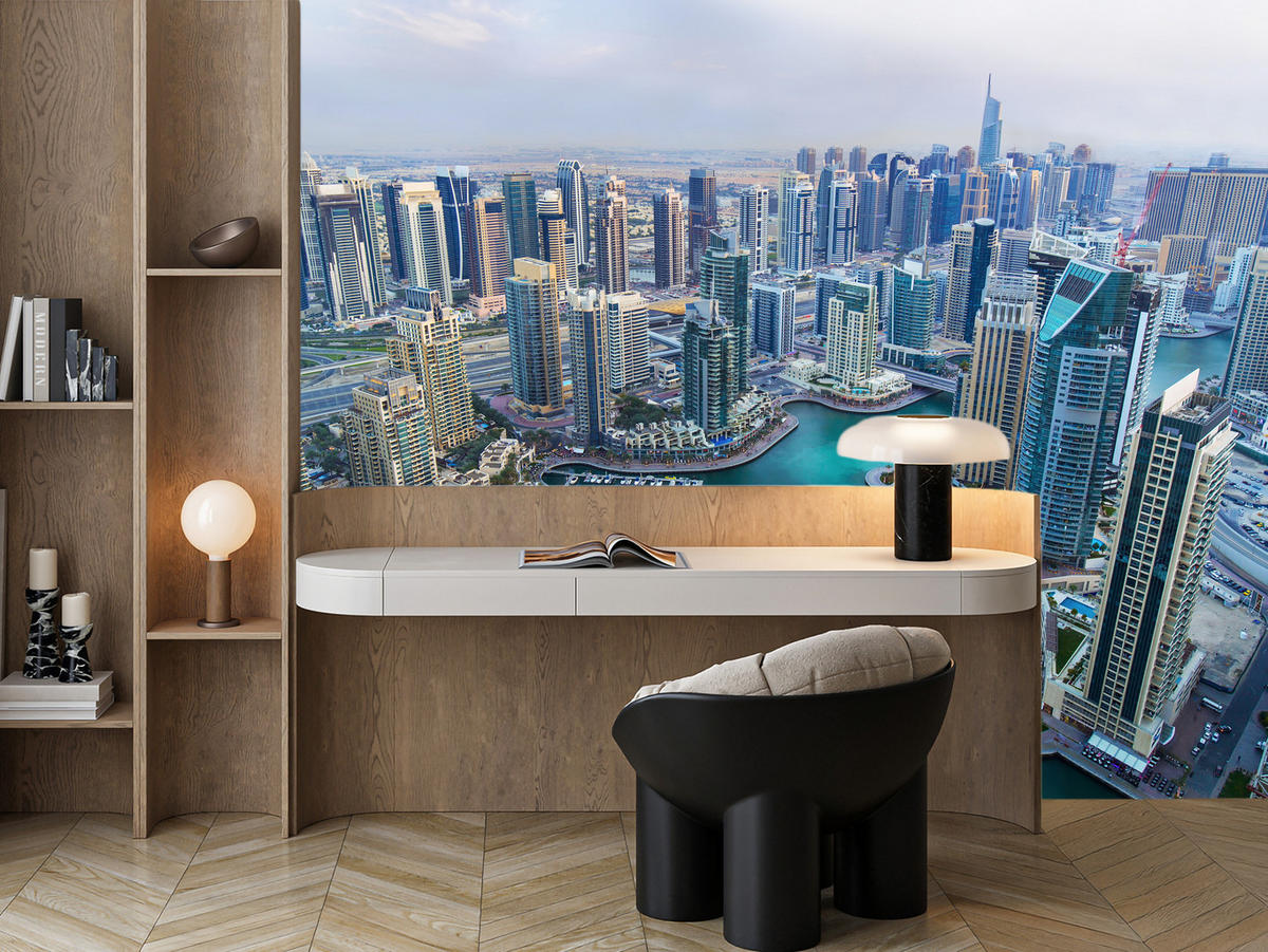 FOTOTAPETE für Wohnzimmer Dubai Vogelperspektive Wolkenkratzer 450x315 - Türkis/Blau, Papier (450/315cm) - Muralo