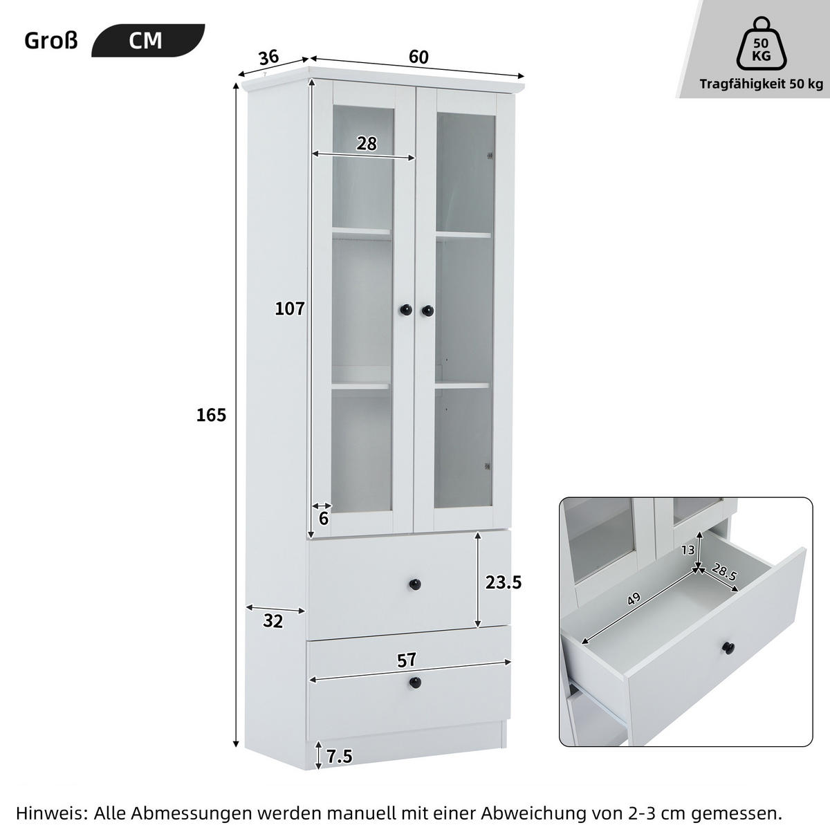 VITRINE 60/35,5/165 cm aus MDF und Holzwerkstoff mit LED-Beleuchtung und 2 Schubladen Weiß - Weiß, Holzwerkstoff (60/165/35.5cm) - Modenvie
