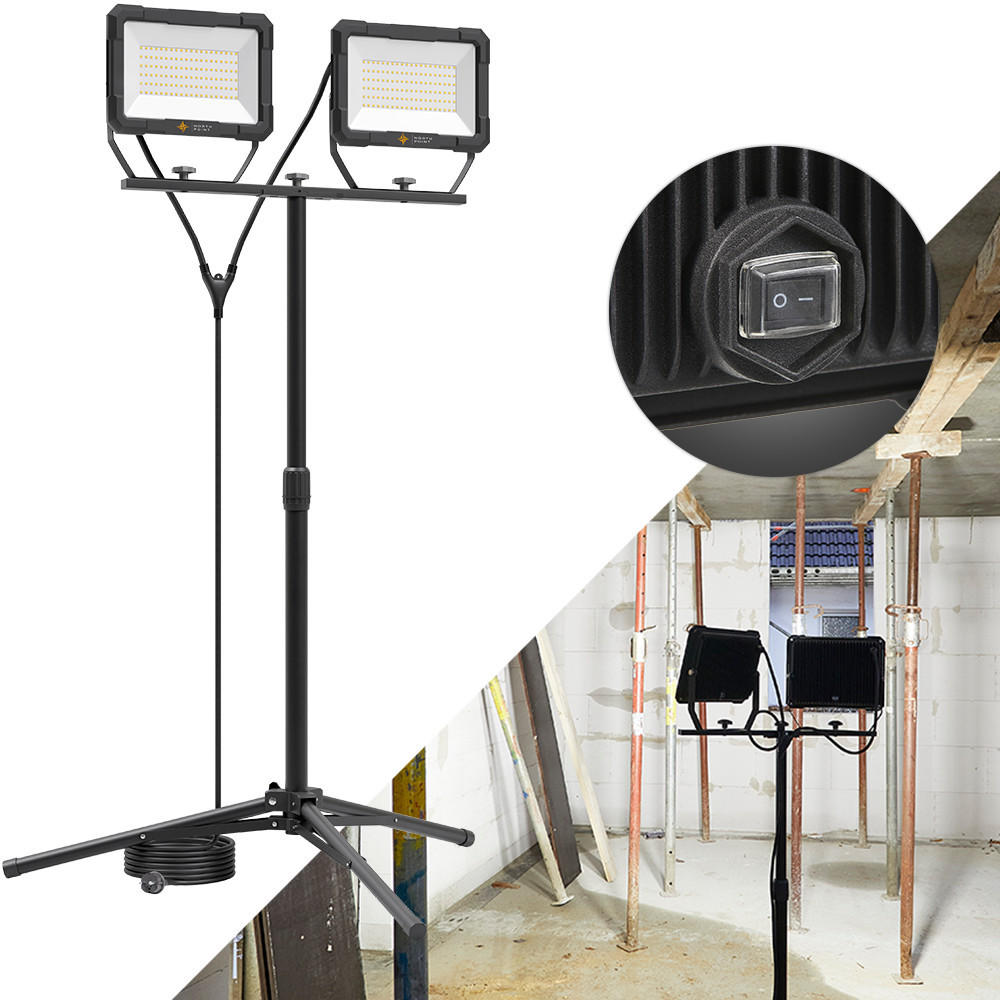 LED-DOPPELBAUSTRAHLER - 2x100W mit Stativ für Innen- und Außenbeleuchtung, 2er-Set - Schwarz, Metall (118/118/164cm) - Northpoint