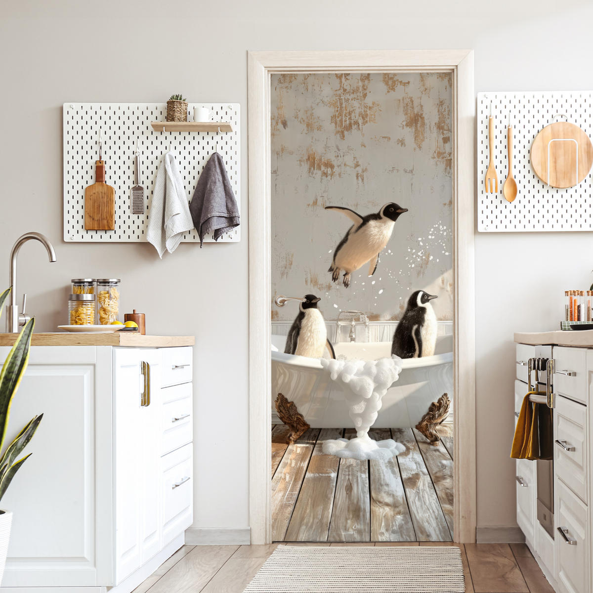 FOTOTAPETE Tür - Vintage - Pinguin - Badewanne - Schaumstoff 75x205 cm - Hellbraun, Kunststoff (75/0.1cm) - MuchoWow