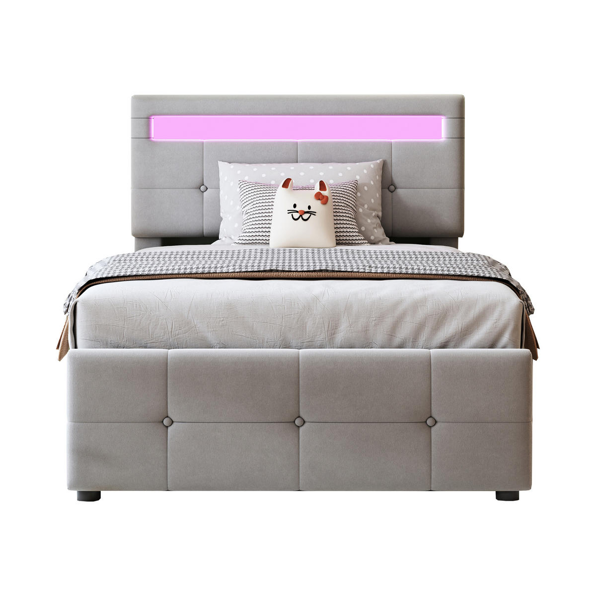 POLSTERBETT 90/200 cm Grau mit LED-Beleuchtung und hydraulischem Stauraum - Grau, Textil (90/200cm) - OKWISH