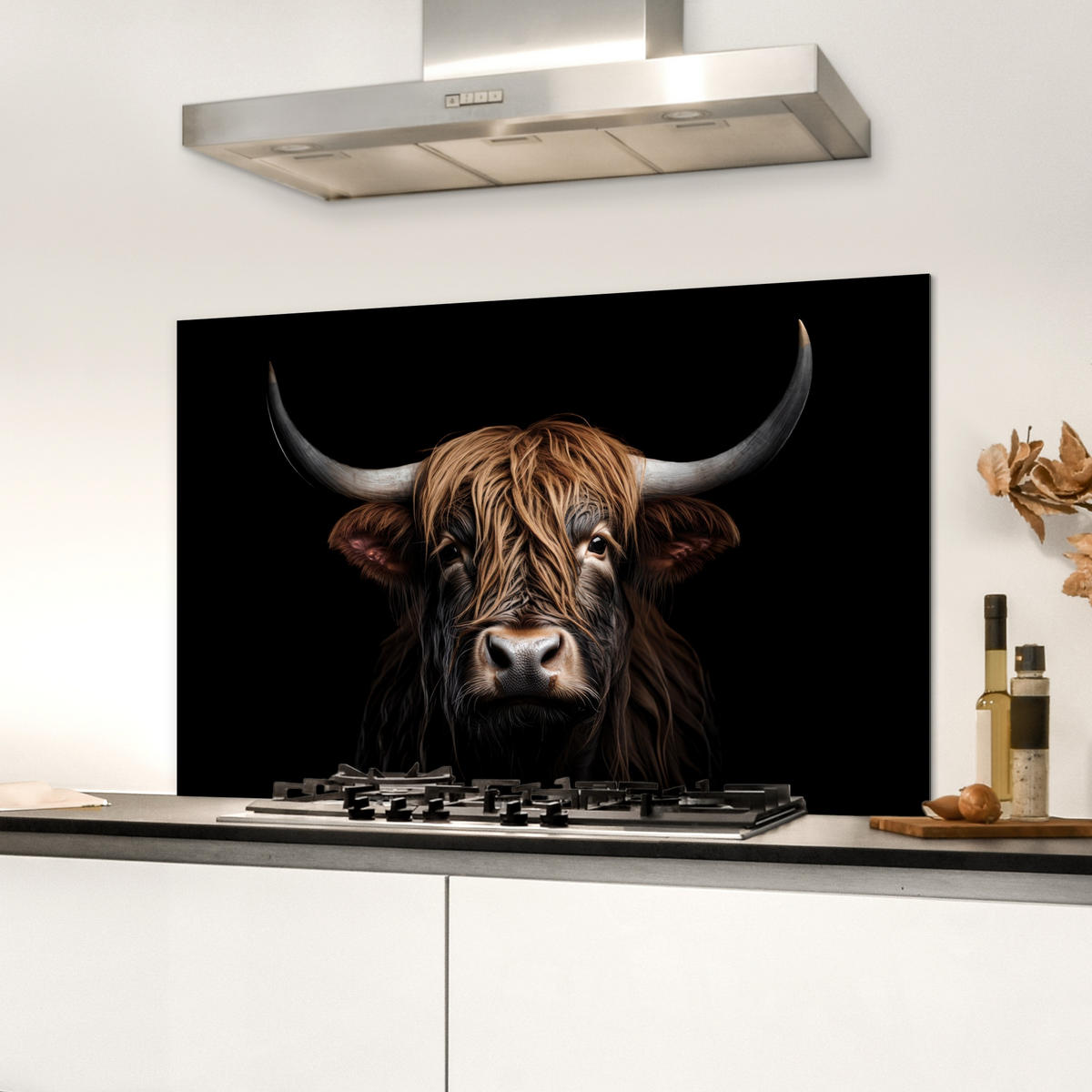 SPRITZSCHUTZ KÜCHE Schottischer Highlander - Porträt - Schwarz - Tier 80x55 cm - Braun, Metall (80/0.3/55cm) - MuchoWow