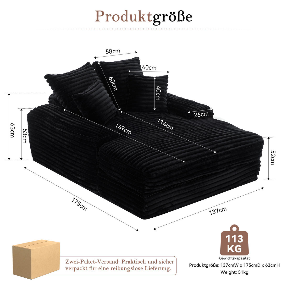 RELAXLIEGE Cordstoff mit Memory-Schaum und 4 Kissen 137/175/63 cm Schwarz - Schwarz, Textil (137/63/175cm) - Redom
