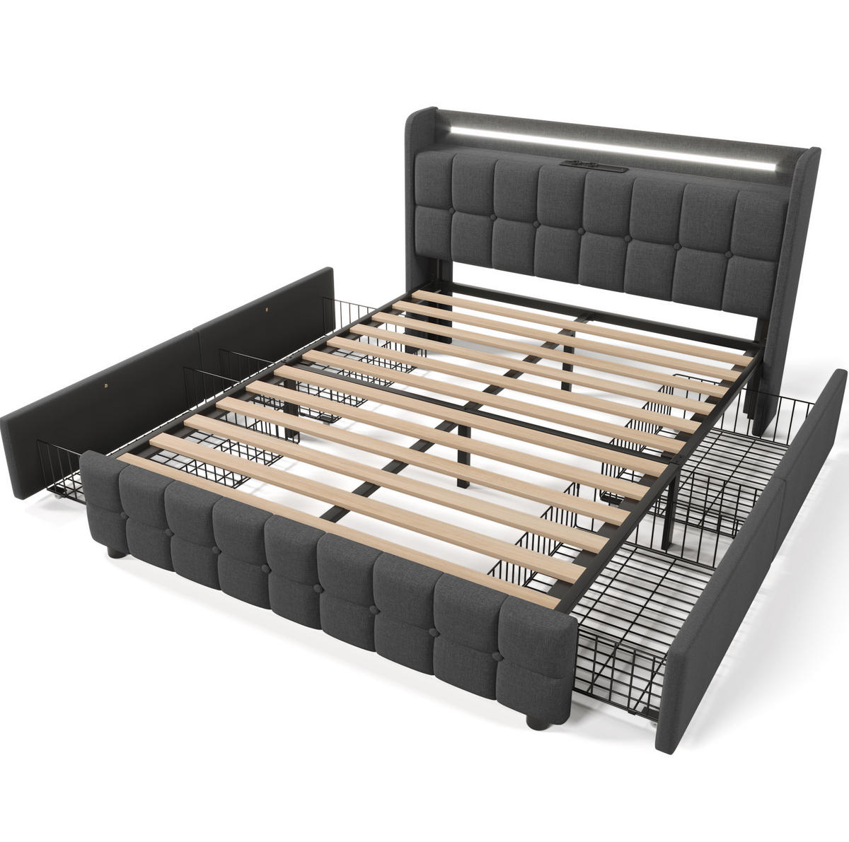 POLSTERBETT 180/200 cm mit LED-Beleuchtung, USB und 4 Schubladen in Grau - Grau, Holz (180/200cm) - BEAOK