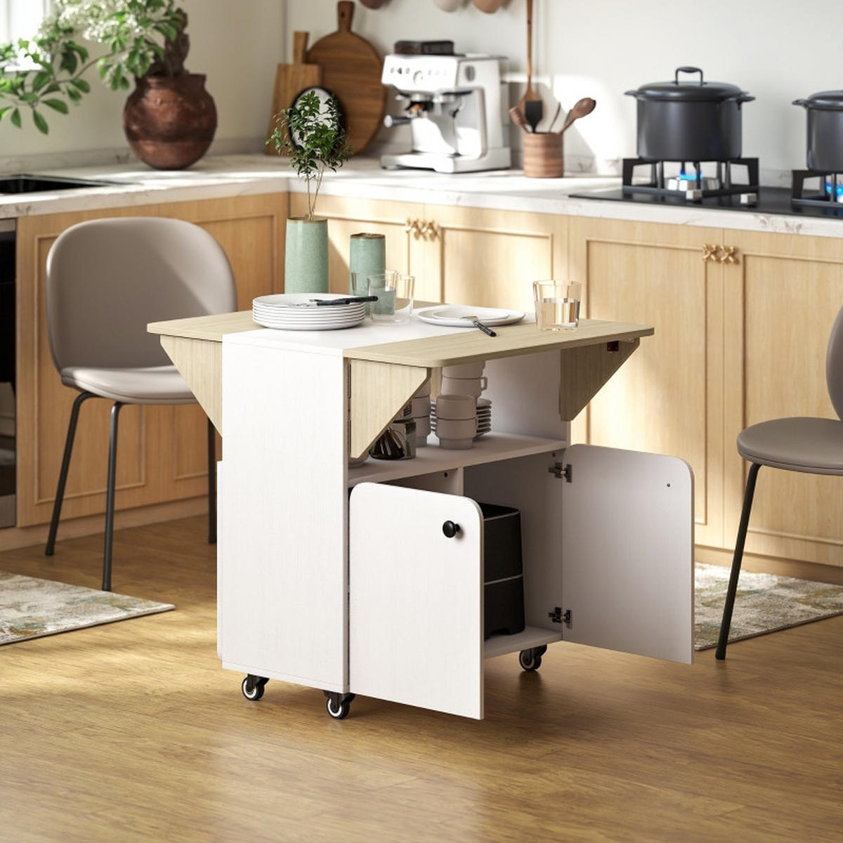 KLAPPTISCH 83/70/75 cm, seitlich ausklappbar, mit Rollen und Stauraum - Weiß, Holz (70/83/75cm) - BEAOK