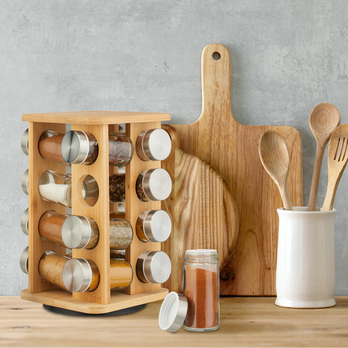 GEWÜRZKARUSSELL - Transparent/Multicolor, Glas/Holz (17/27/17cm) - Relaxdays