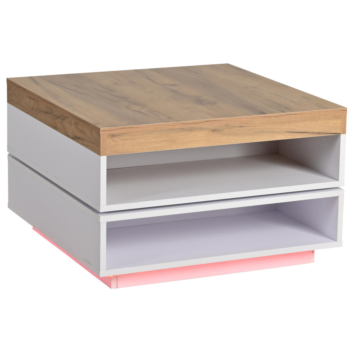 KONFERENČNÍ stolek, 65/65/40 cm, MDF bílá a dubový dekor, otočná deska s LED - bílá, kompozitní dřevo (65/65/40cm) - BEAOK