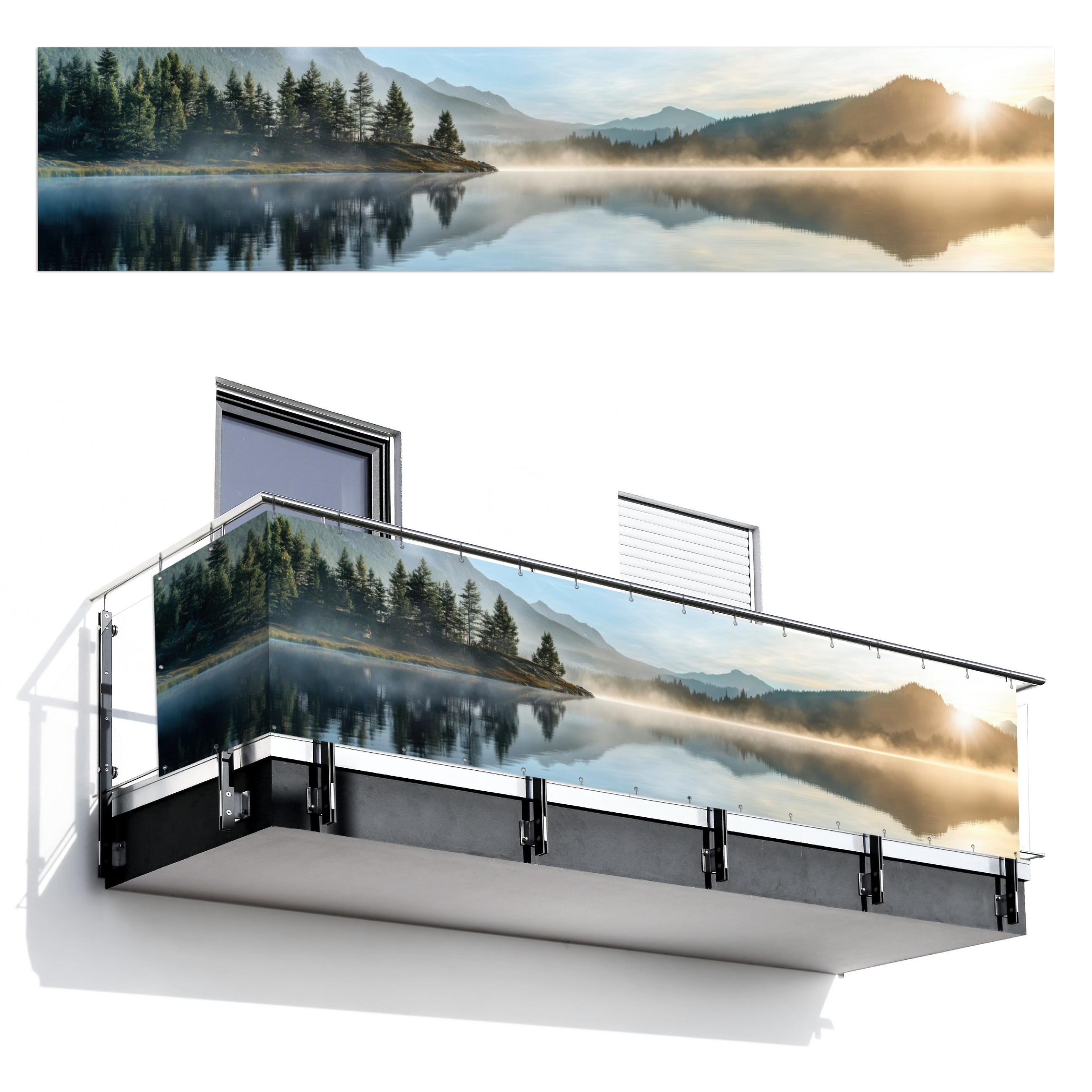 BALKON-SICHTSCHUTZ See - Nebel - Berge - Landschaft - Hellblau, Kunststoff (500/110cm) - MuchoWow