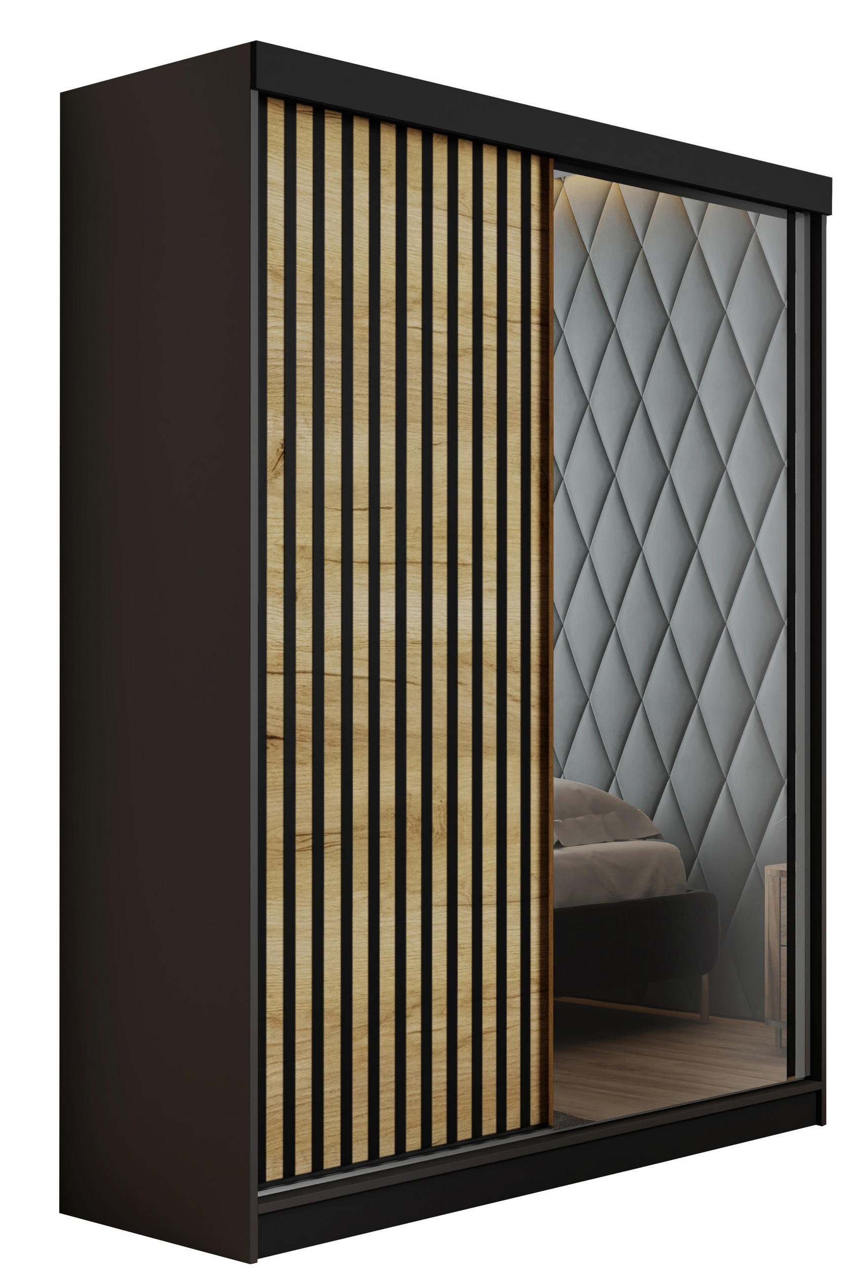 Kier Furniture POSUVNÁ ŠATNÍ SKŘÍŇ MALANI - Grafitová & Dub Craft 138x205x59 cm