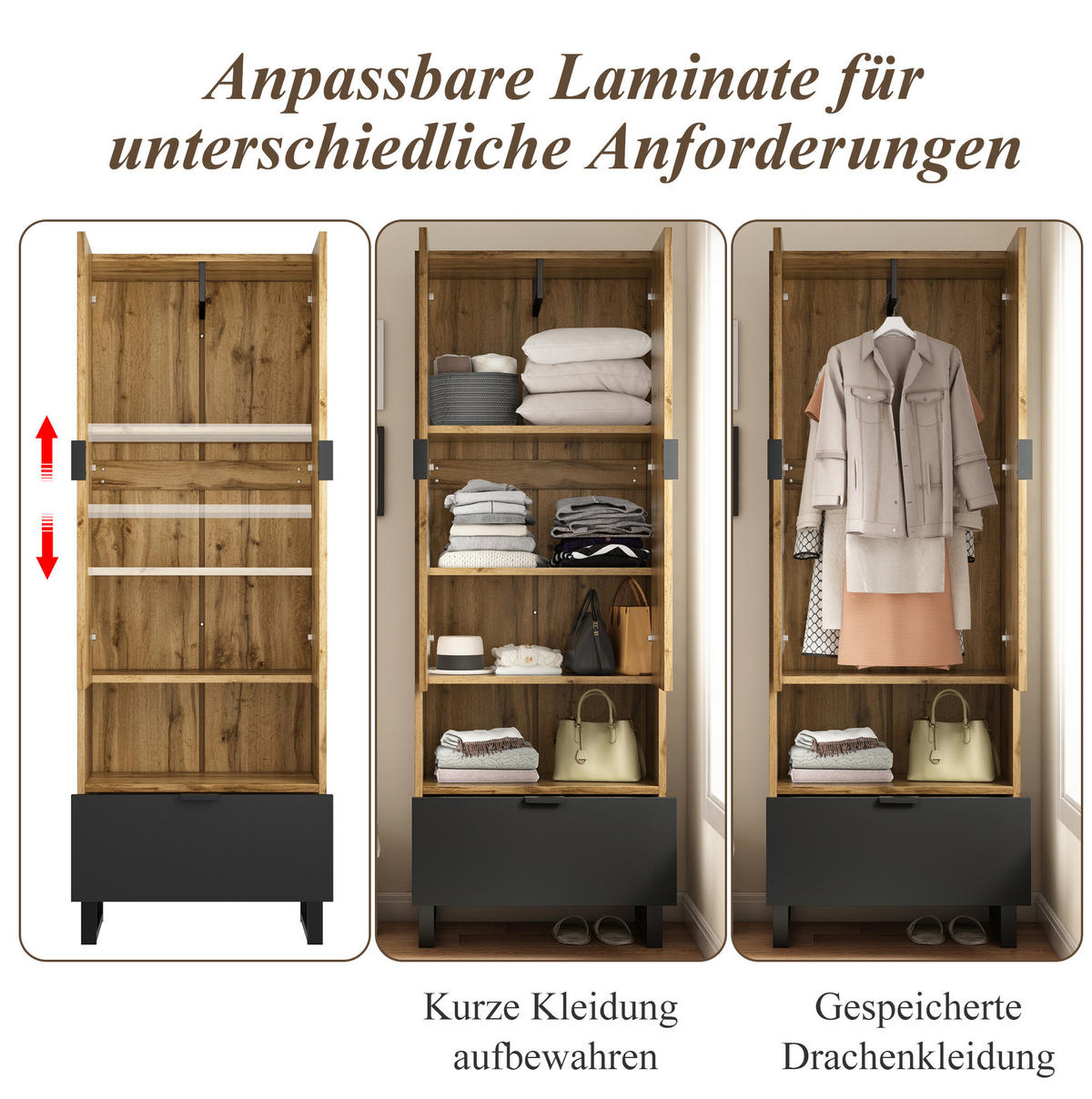 GARDEROBE 180/65/38 cm Natur/Schwarz aus Spanplatte mit Kleiderstange - Naturfarben, Holzwerkstoff (38/65/180cm) - OKMYHOME