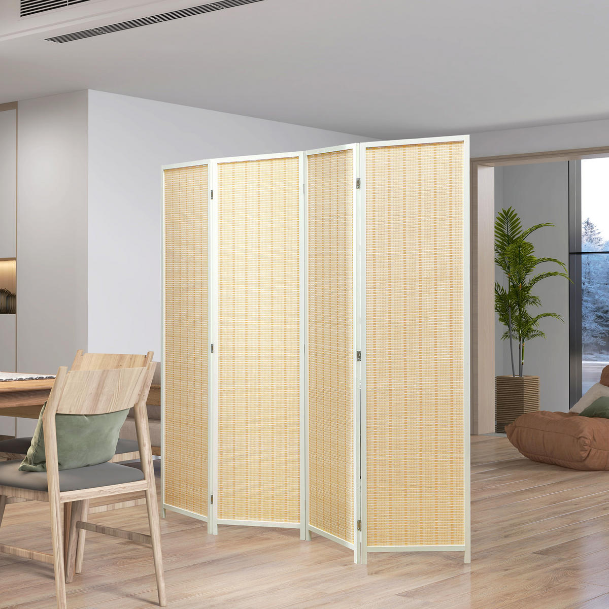 PARAVENT DE-14278 4-teilig, 180x180 cm, Faltbar Naturholz - Weiß, Naturmaterialen (180/180/1.7cm) - ComfortXL