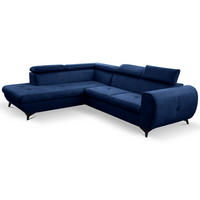 ECKSOFA MAGIA L-S Dunkelblau Plüsch-Stoff mit Schlaffunktion - Dunkelblau, Holz (260/217cm) - MASSENO
