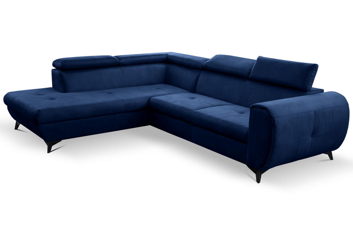 ECKSOFA MAGIA L-S Dunkelblau Plüsch-Stoff mit Schlaffunktion - Dunkelblau, Holz (260/217cm) - MASSENO