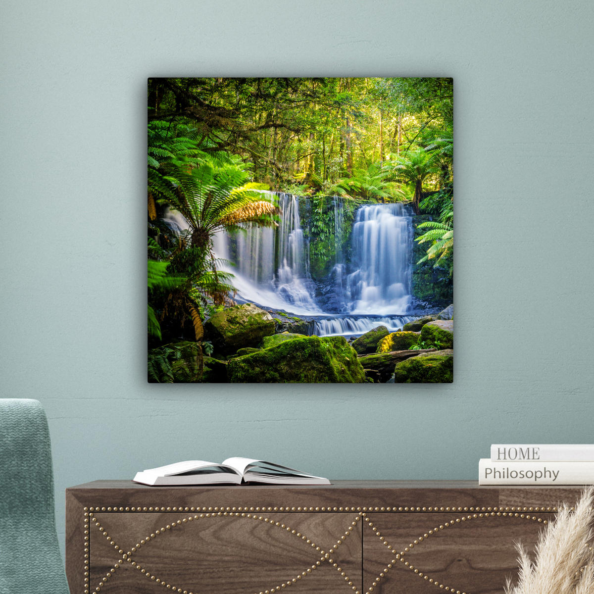 LEINWANDBILD Dschungel - Wasserfall - Australien - Pflanzen - Natur Wandbild Wohnzimmer 50x50 cm - Dunkelgrün, Textil (50/50cm) - MuchoWow