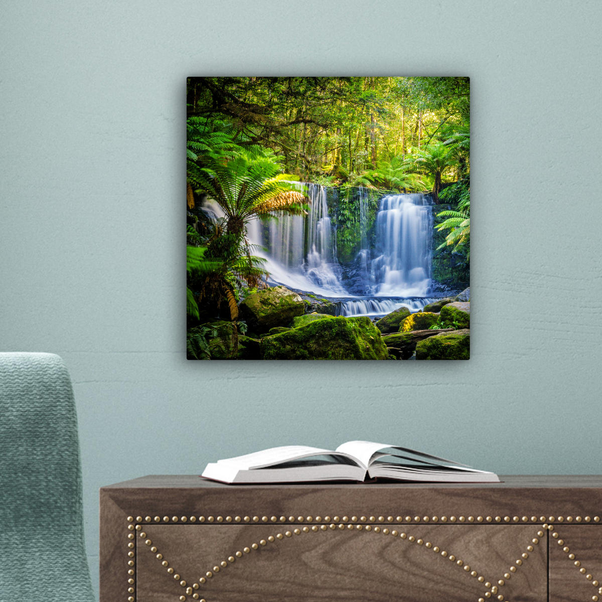 LEINWANDBILD Dschungel - Wasserfall - Australien - Pflanzen - Natur Deko Wohnzimmer 20x20 cm - Dunkelgrün, Textil (20/20cm) - MuchoWow