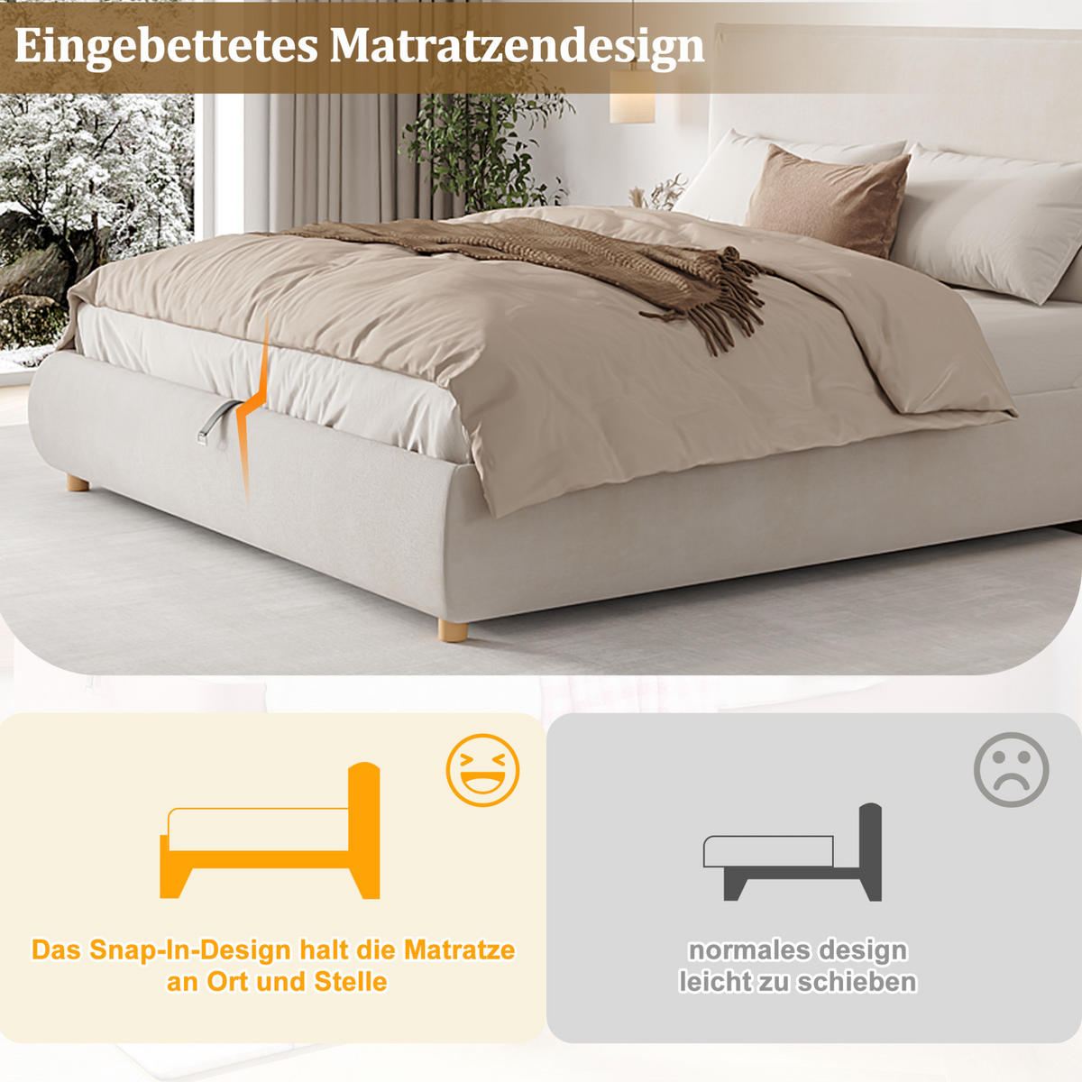 POLSTERBETT 180/200 cm mit hydraulischem Bettkasten, Lattenrost, Samt-Kopfteil und Massivholzbeinen, Creme - Creme, Holzwerkstoff (180/200cm) - Redom