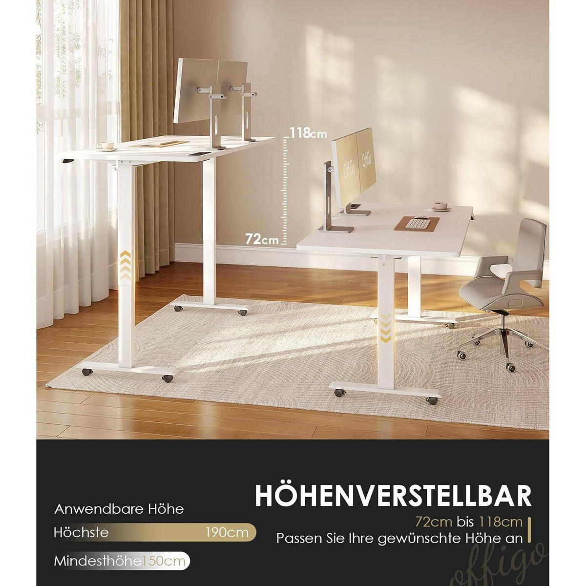 SCHREIBTISCH höhenverstellbar elektrisch 180 cm Blanc Weiß 180 x 70 cm - Weiß, Holz (70/180/72cm)