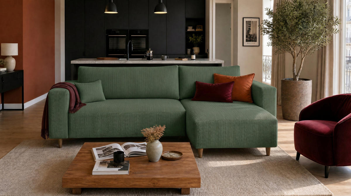ECKSOFA mit Schlaffunktion und Bettkasten Rio, Ecksofa Cordstoff Grün, Ottomane Universal, 249x142 cm - Grün, Textil (249/142cm) - Marpur