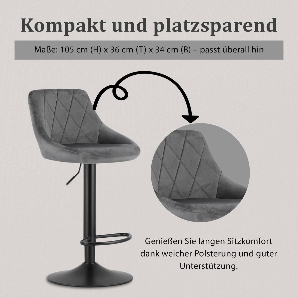 BARHOCKER, drehbar, HÖHENVERSTELLBAR, Velours, in Grau, Modernes Design - Schwarz, Textil (36/107/38cm) - Best For Home