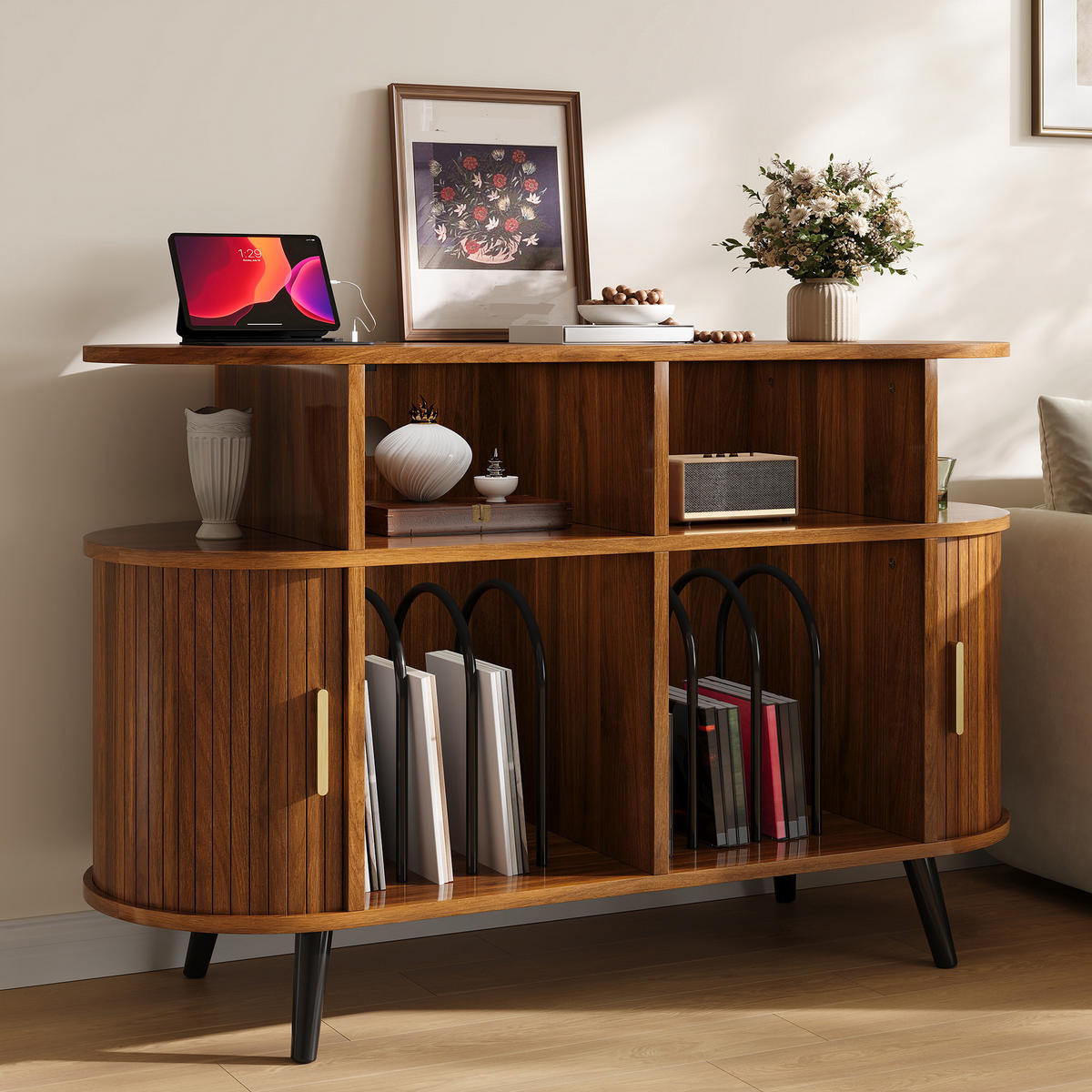 TV-SCHRANK MDF mit Schiebetür und Ladestation - Walnussfarben, Holzwerkstoff (110/76/40cm) - FLIEKS