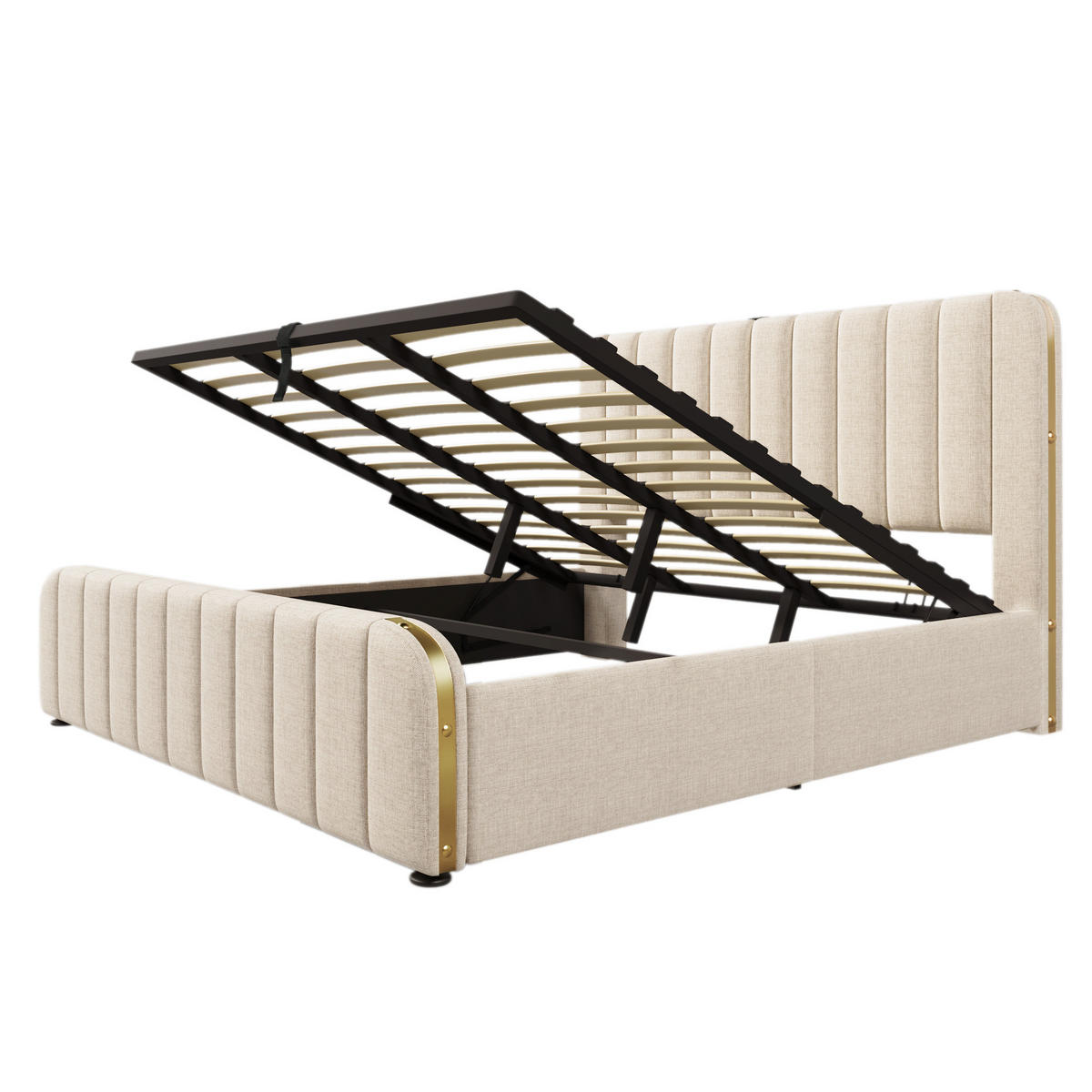 POLSTERBETT 180/200 cm mit USB- und Typ-C-Anschluss, hydraulischem Stauraum und Matratze, Beige - Beige, Textil (180/200cm) - Redom