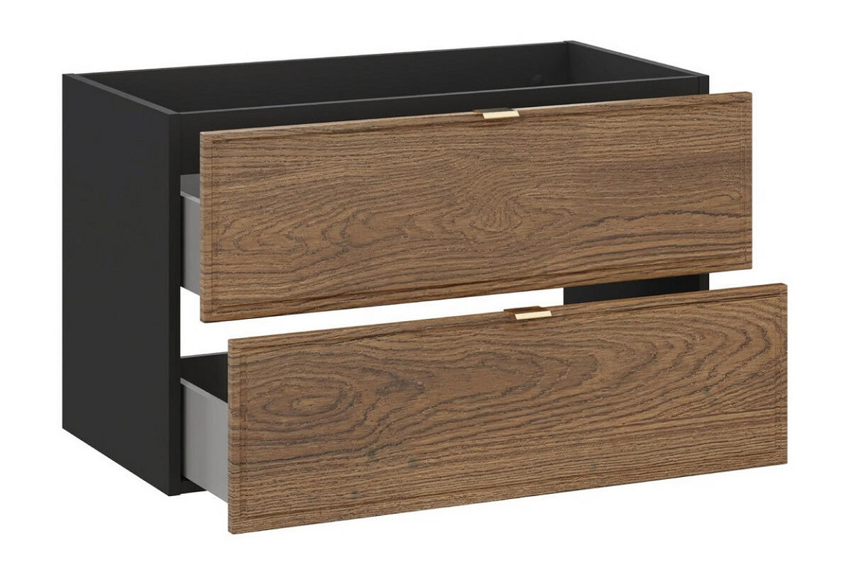 BADMÖBEL-SET 5 Teile - Talia Casella T BM90 in Schwarz Matt/Casella Oak - Hellbraun/Goldfarben, Holz/Metall (80/45/46cm)