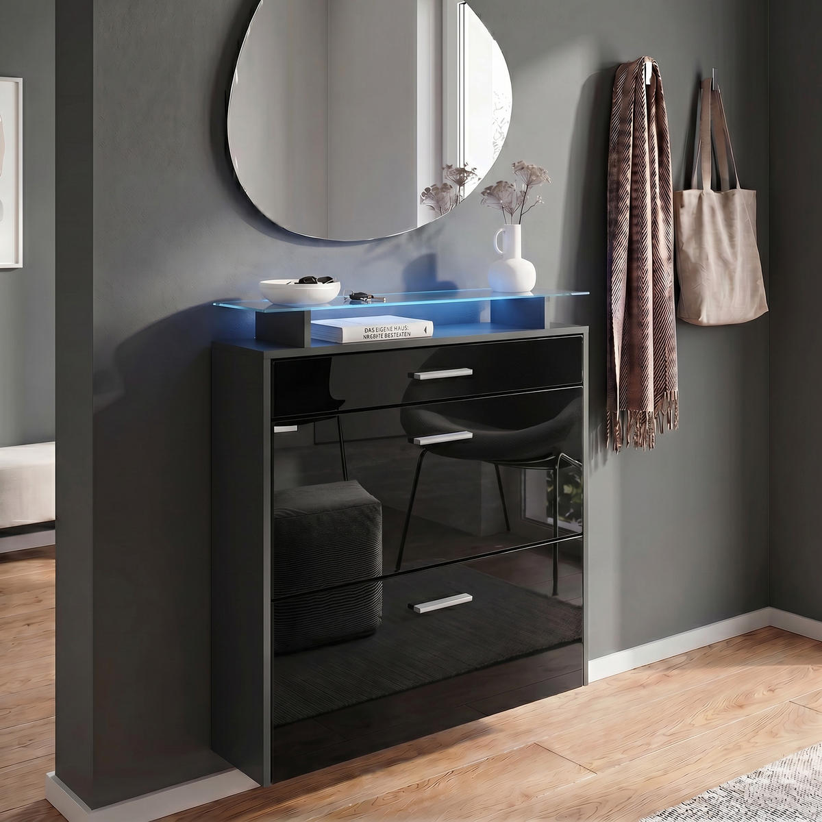 SCHUHSCHRANK Malea Fronten in Schwarz Hochglanz - Schwarz Hochglanz, Holzwerkstoff (89/96/23cm) - Vladon