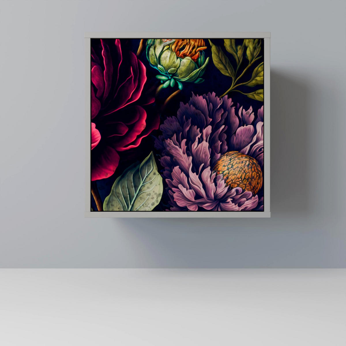 SIDEBOARD BLOOMING ELEGANCE, Grau, 57,5x42x72,5 cm, Schwarze Metallfüße - Multicolor/Schwarz, Holzwerkstoff/Metall (57.5/72.5/42cm) - SpaceRebels