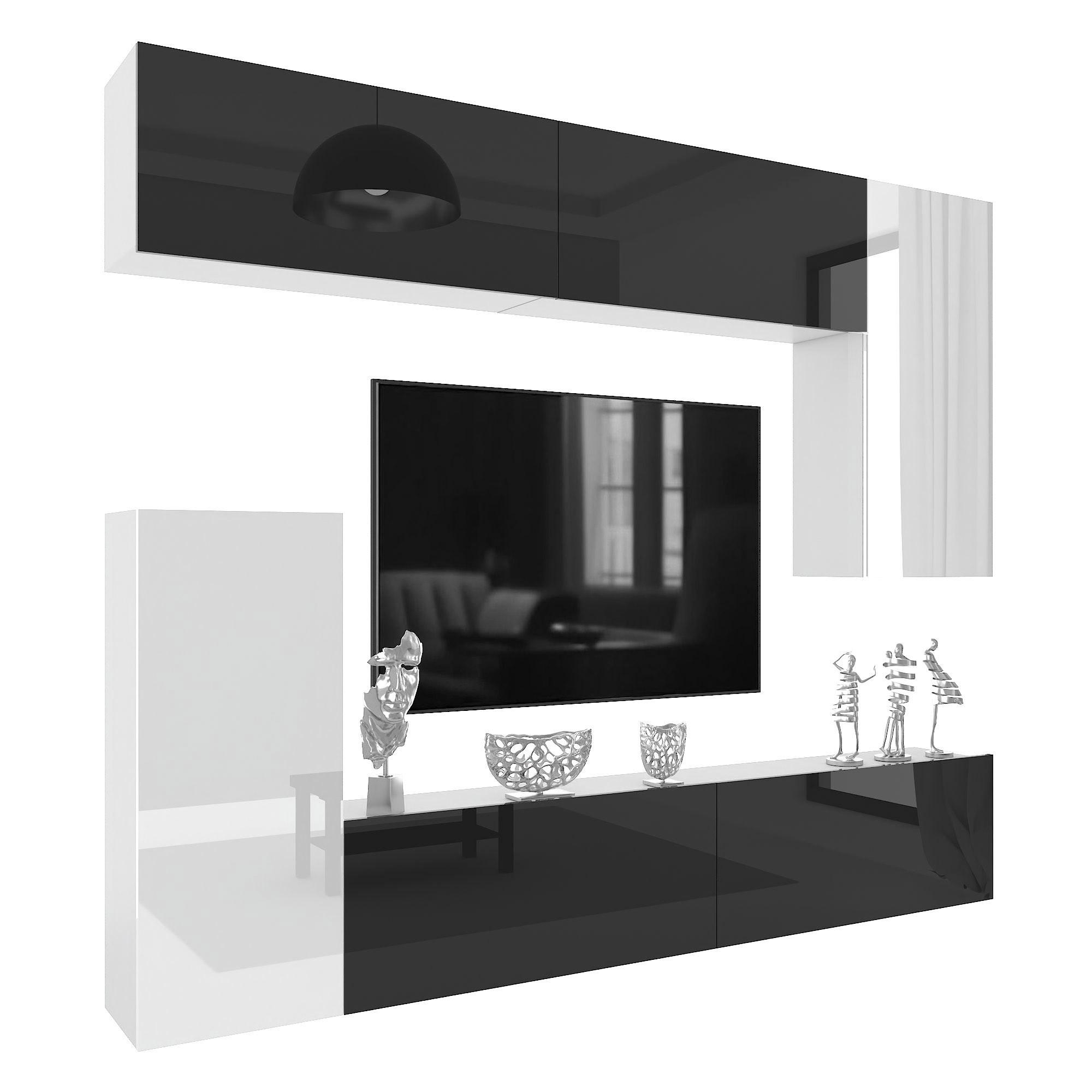 WOHNWAND Milano 8, Weiß Hochglanz/Schwarz Hochglanz, 250 cm, Grifflos - Weiß, Holz (250/115/36cm) - B BELINI GROUP