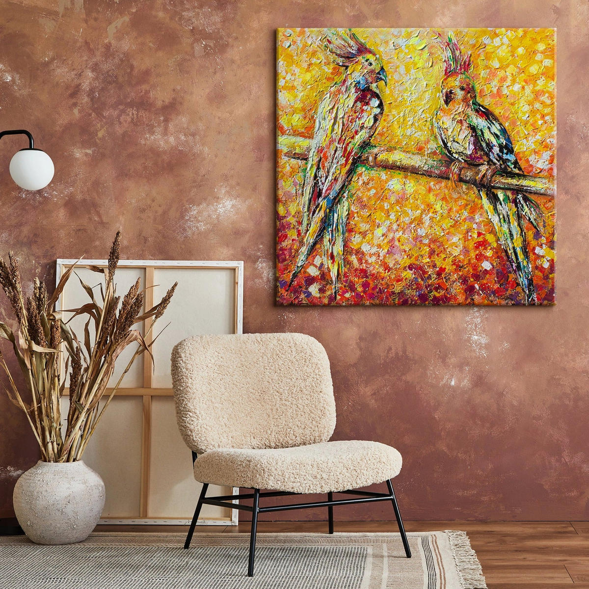 GEMÄLDE Papagei in der Sonne auf Keilrahmen 90x90 cm - Multicolor, Holz (90/90cm) - YS-art gallery