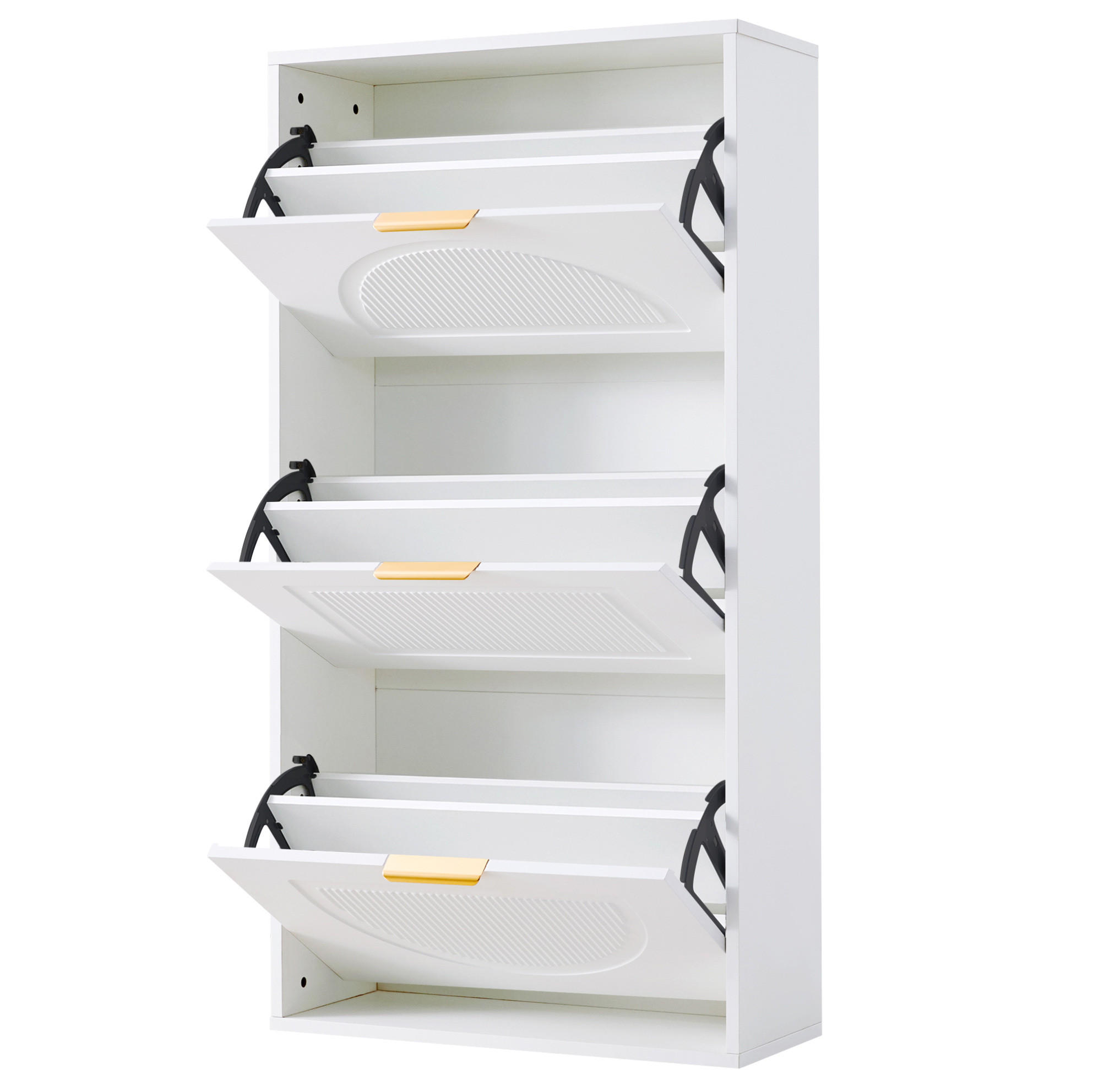 Modfu VÝKLOPNÝ botník z MDF a dřevotřísky 60x24x114 cm bílý se 3 výklopy a nastavitelnými policemi