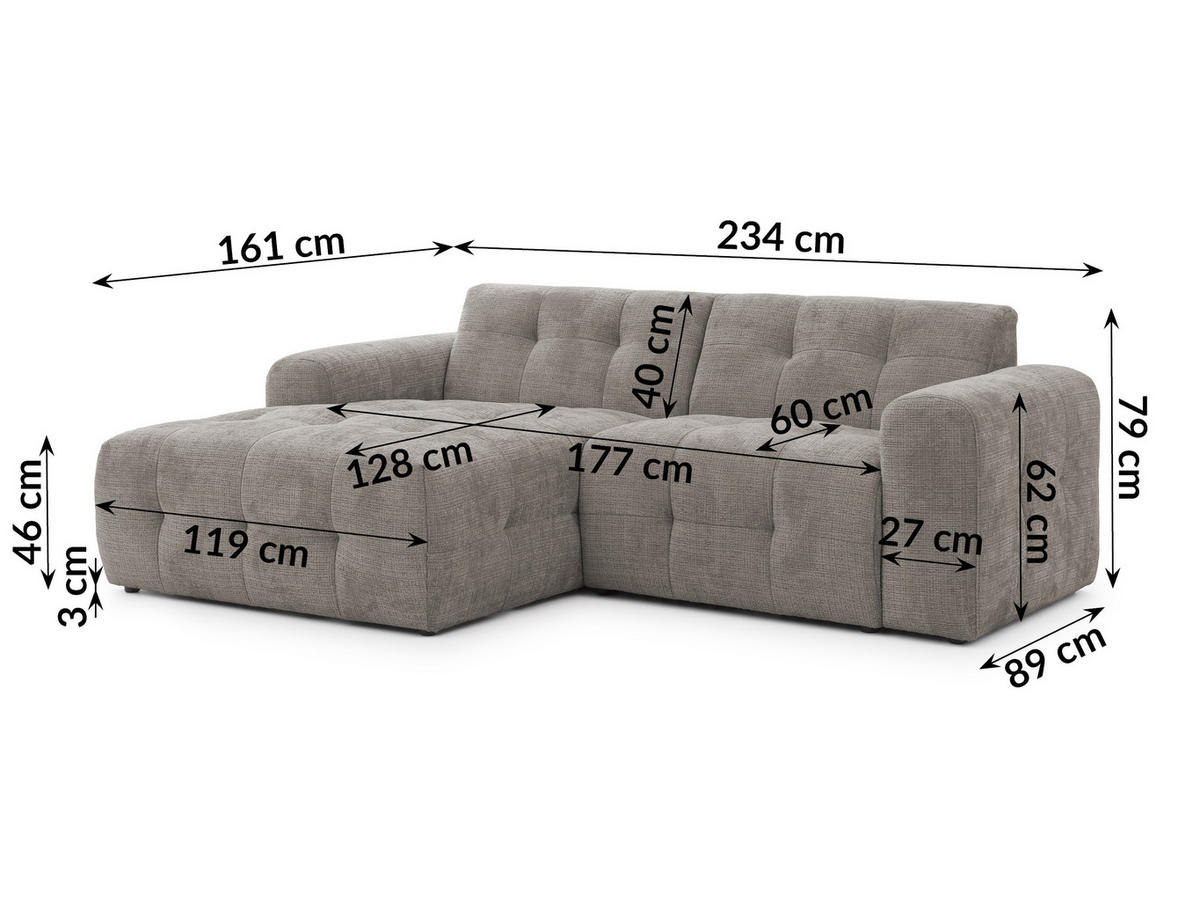 ECKSOFA inkl. Hocker Kozy im Bumpy-Design mit Schlaffunktion und fester Rückenlehne aus weichem Taupe Chenille-Stoff - Ottomane links - Taupe/Schwarz, Holz/Kunststoff (161/234cm) - S-Style Möbel