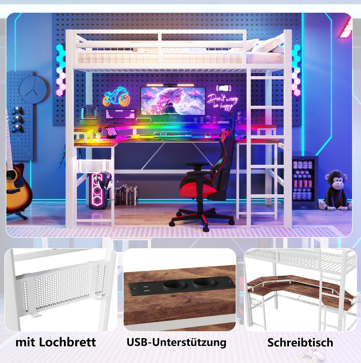 HOCHBETT 90/200 cm Weiß aus Metall und MDF mit Schreibtisch - Weiß, Metall (90/200cm) - OKMYHOME