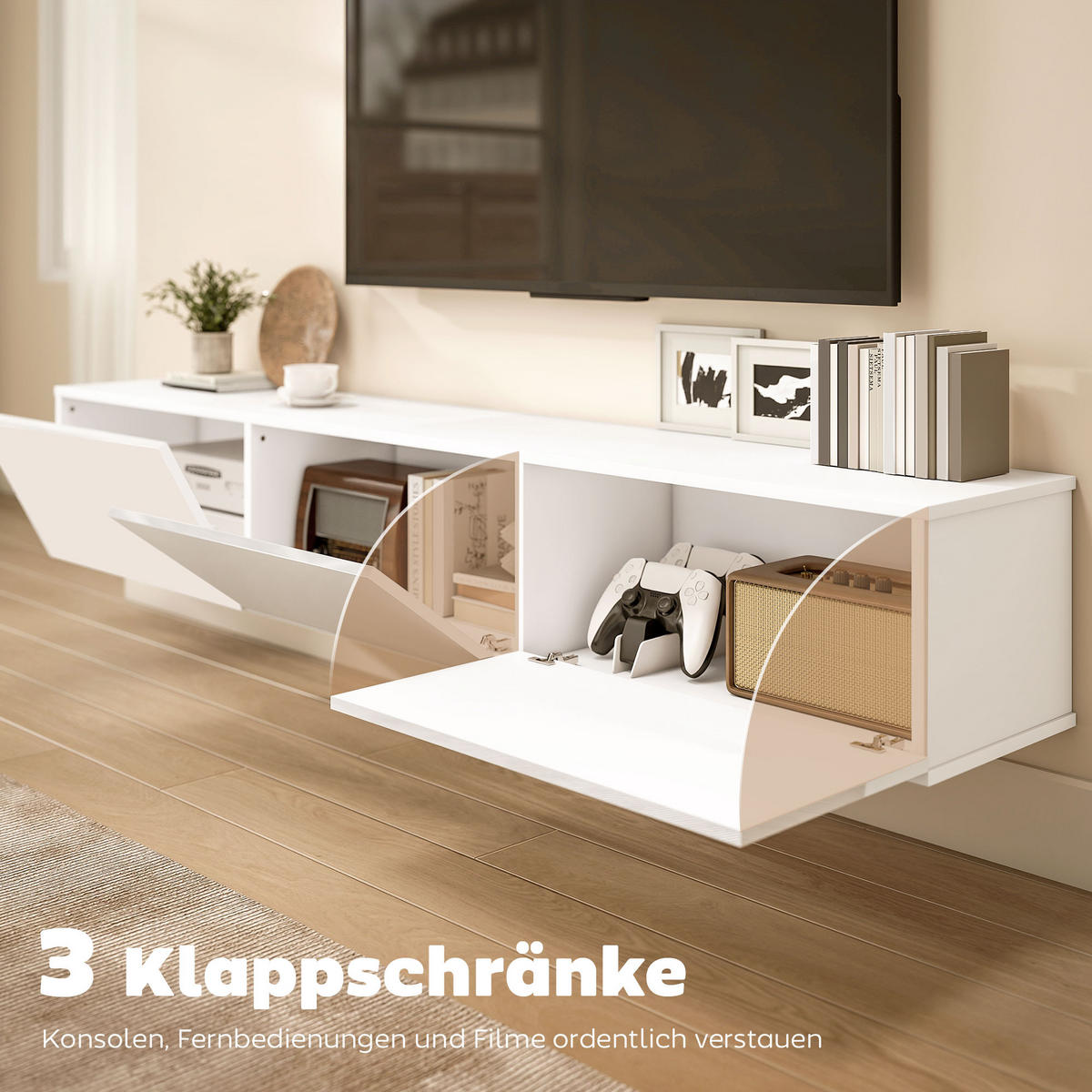 TV Schrank Lowboard hängend 180 cm für Fernseher bis zu 82 Zoll Weiß - Weiß Hochglanz/Weiß, Holzwerkstoff (31.5/29.8/180cm) - HOMCOM