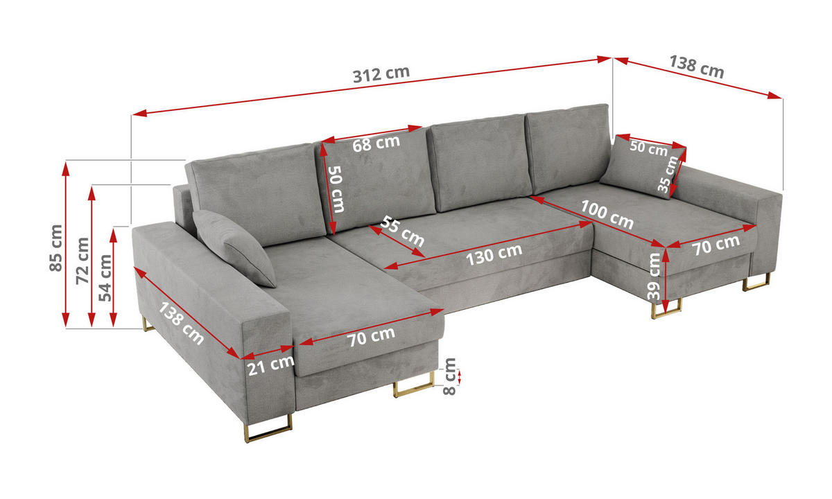 WOHNLANDSCHAFT DORIAN U Velvet Hellgrau - Goldfarben/Hellgrau, Textil/Metall (312/85/138cm) - MKS