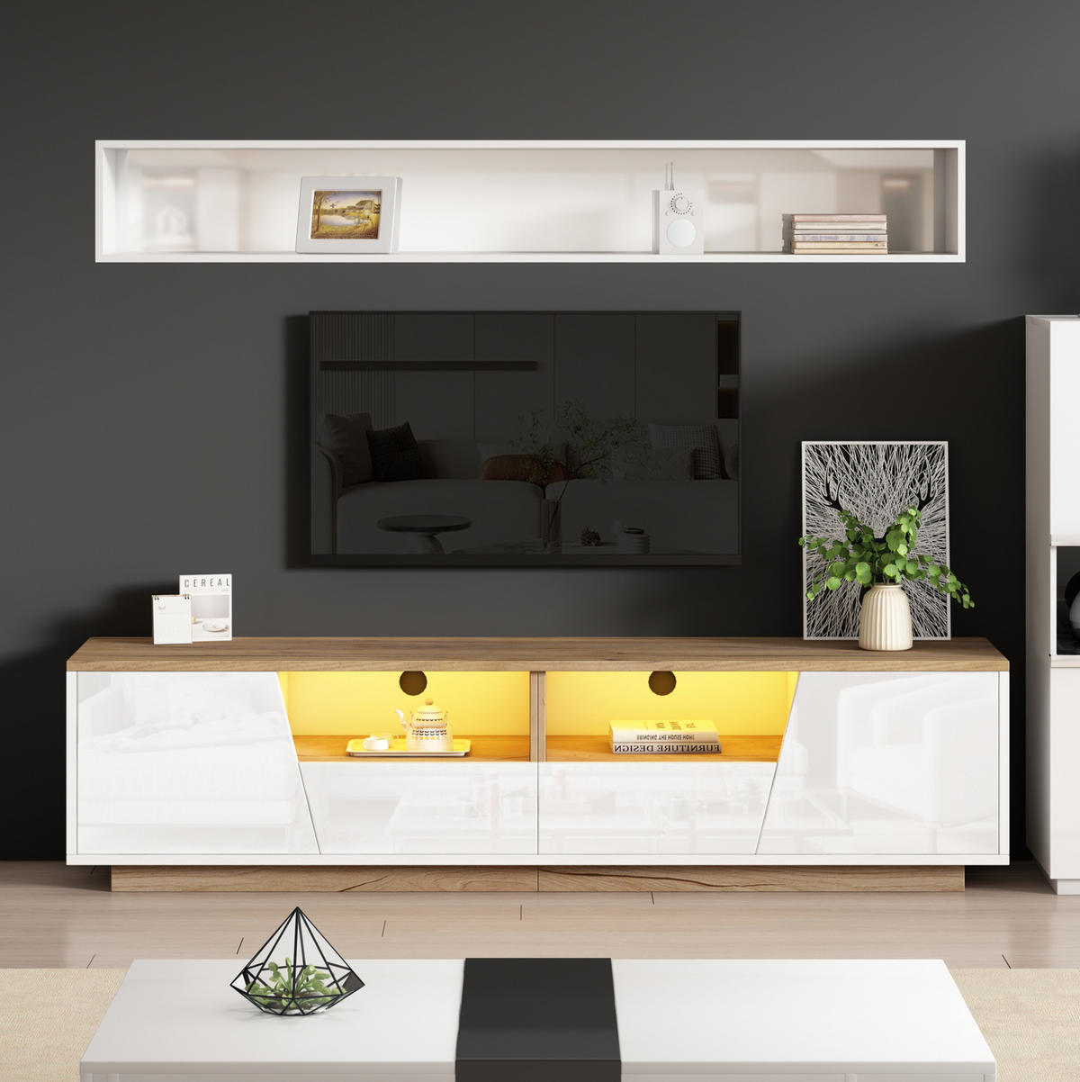 TV-SCHRANK mit LED 180 x 40 x 46 cm Hochglanz Weiß Holzoptik - Weiß, Holzwerkstoff (40/46/180cm) - Beauniv