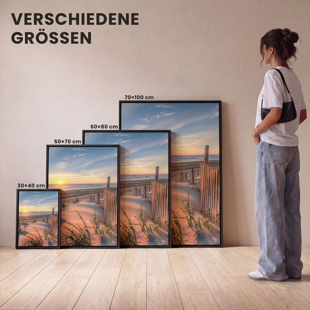 LEINWAND Bilder mit Rahmen - Strand - Meer - Düne - Sonnenuntergang - Landschaft - 30x40 - Beige, Textil (30/40cm) - MuchoWow