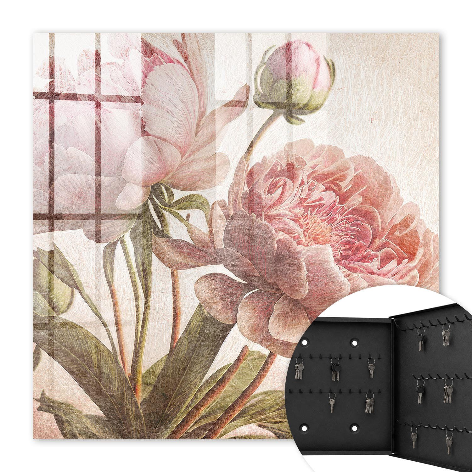 SCHLÜSSELBOX Schwarz 30x30 cm- Türöffnung nach rechts - Romantische Botanik - Pink, Metall (30/30/5cm) - TULUP
