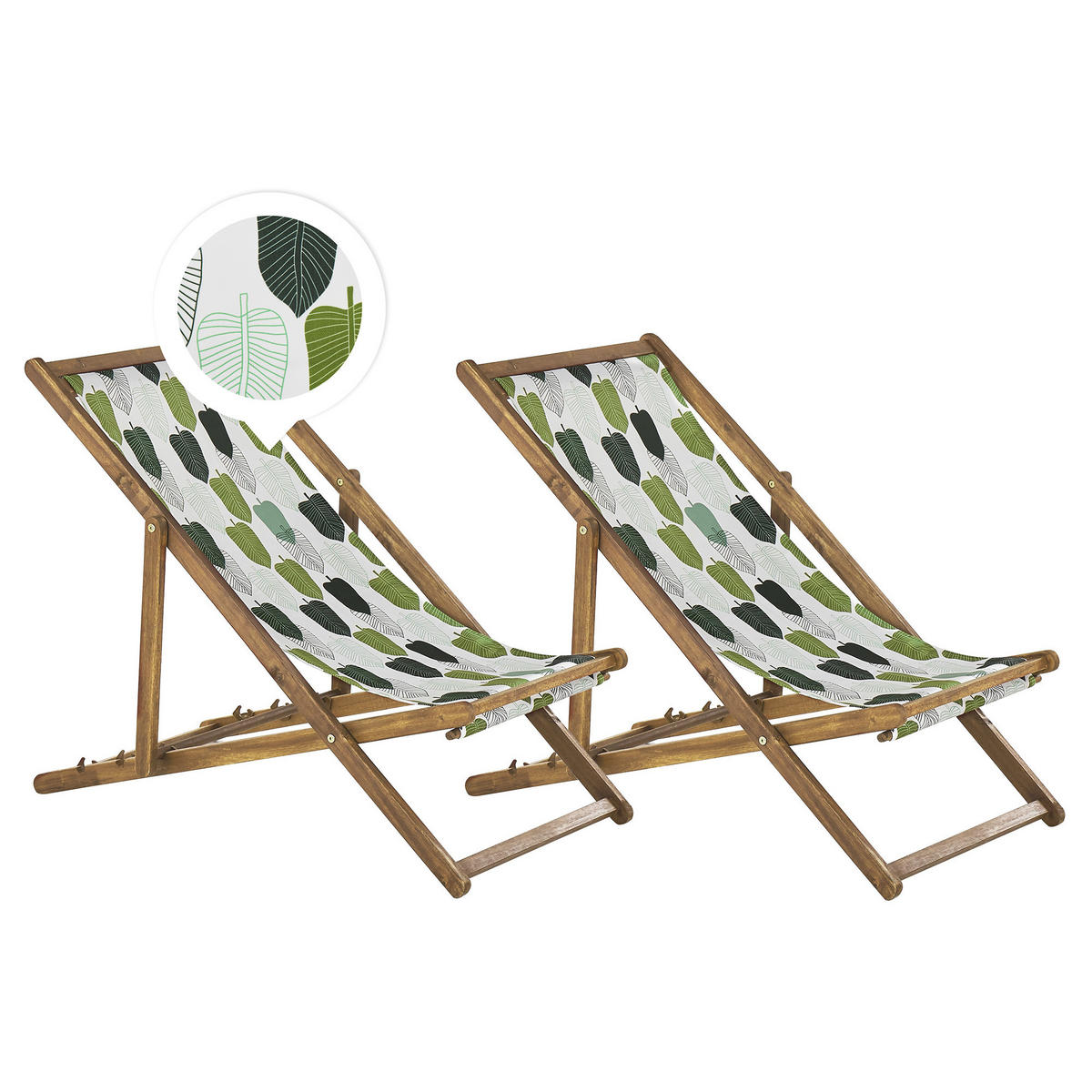 GARTENLIEGE 2er-Set hellbraun Textil grün/weiß Blättermotiv Anzio - Hellbraun/Weiß, Textil (54/70/97cm) - Beliani