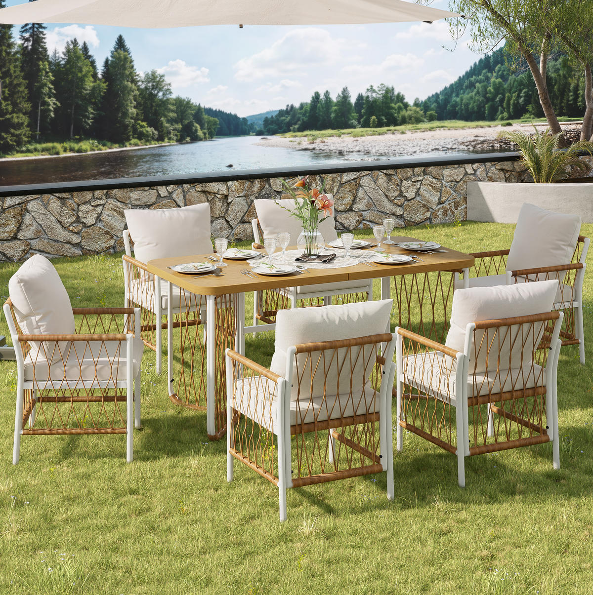 GARTENMÖBEL-SET mit Tisch 159,5 cm Eisen/Rattan 7-tlg. - Beige, Metall - Beauniv