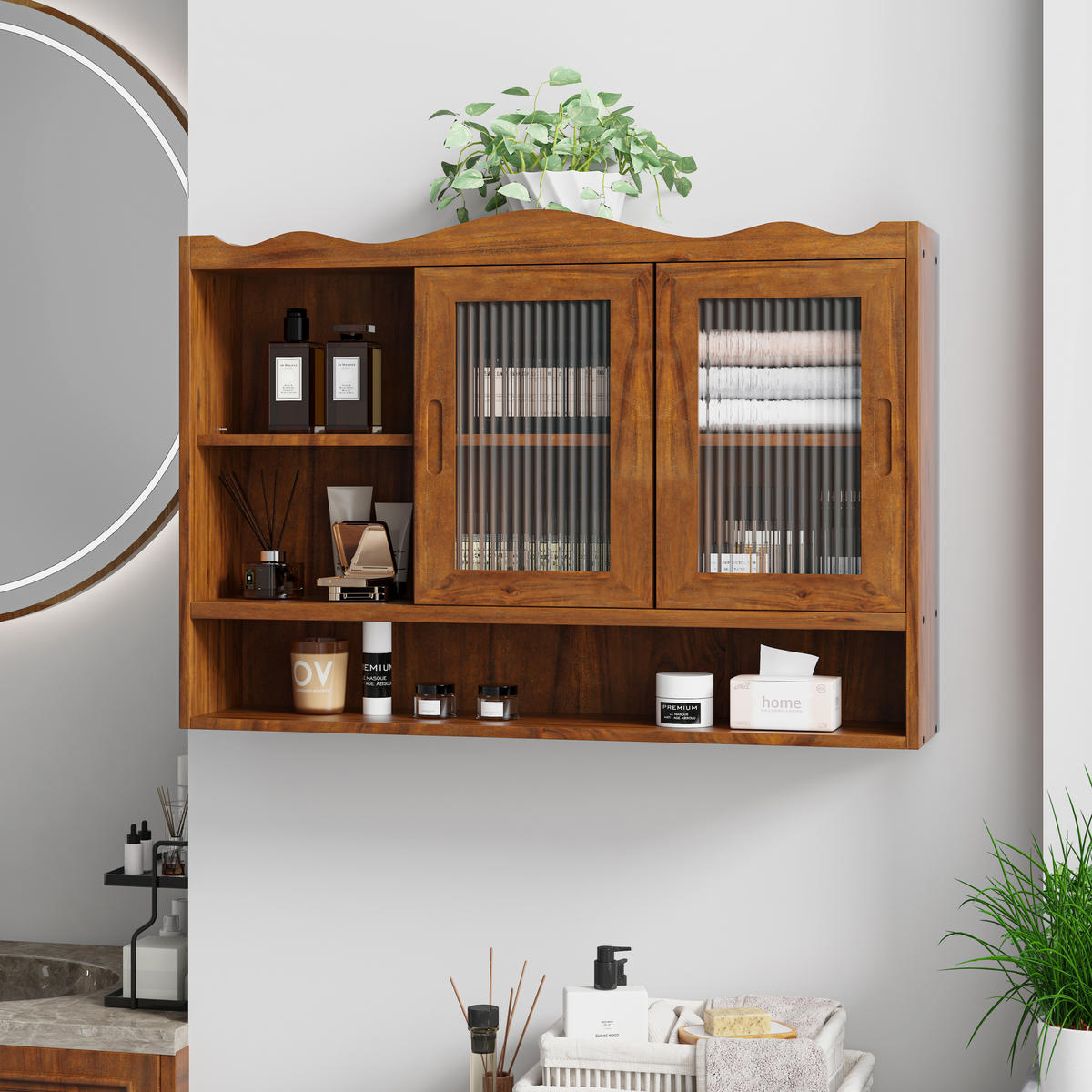 KÜCHENOBERSCHRANK 90x20x60 cm Braun aus Massivholz & Glas mit 2 Schiebetüren - Braun, Holz (90/60/20cm) - Modfu