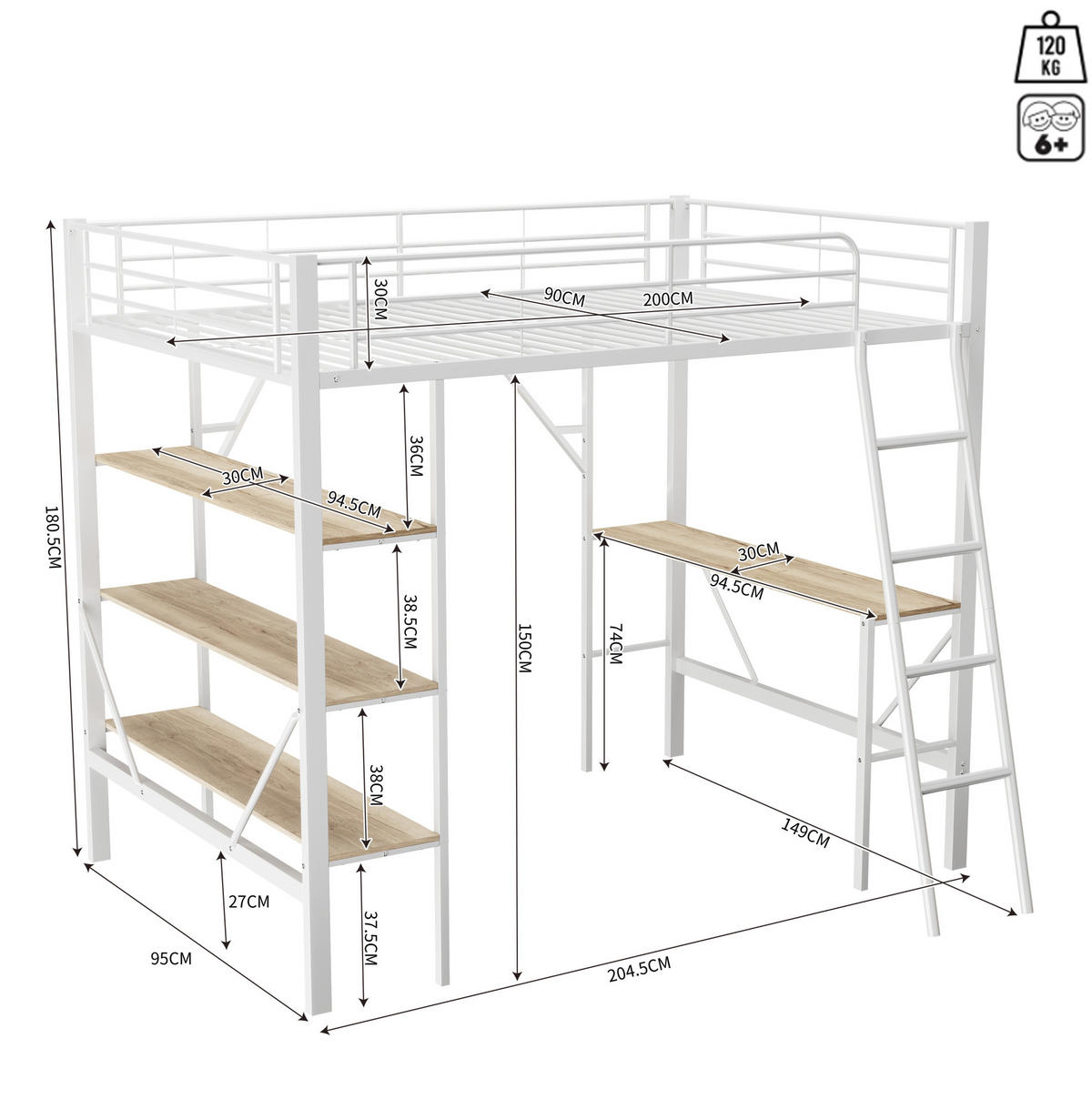HOCHBETT 90/200 cm in Weiß mit Schreibtisch und 3 Ablagen - Weiß, Holzwerkstoff (90/200cm) - Flora Grace