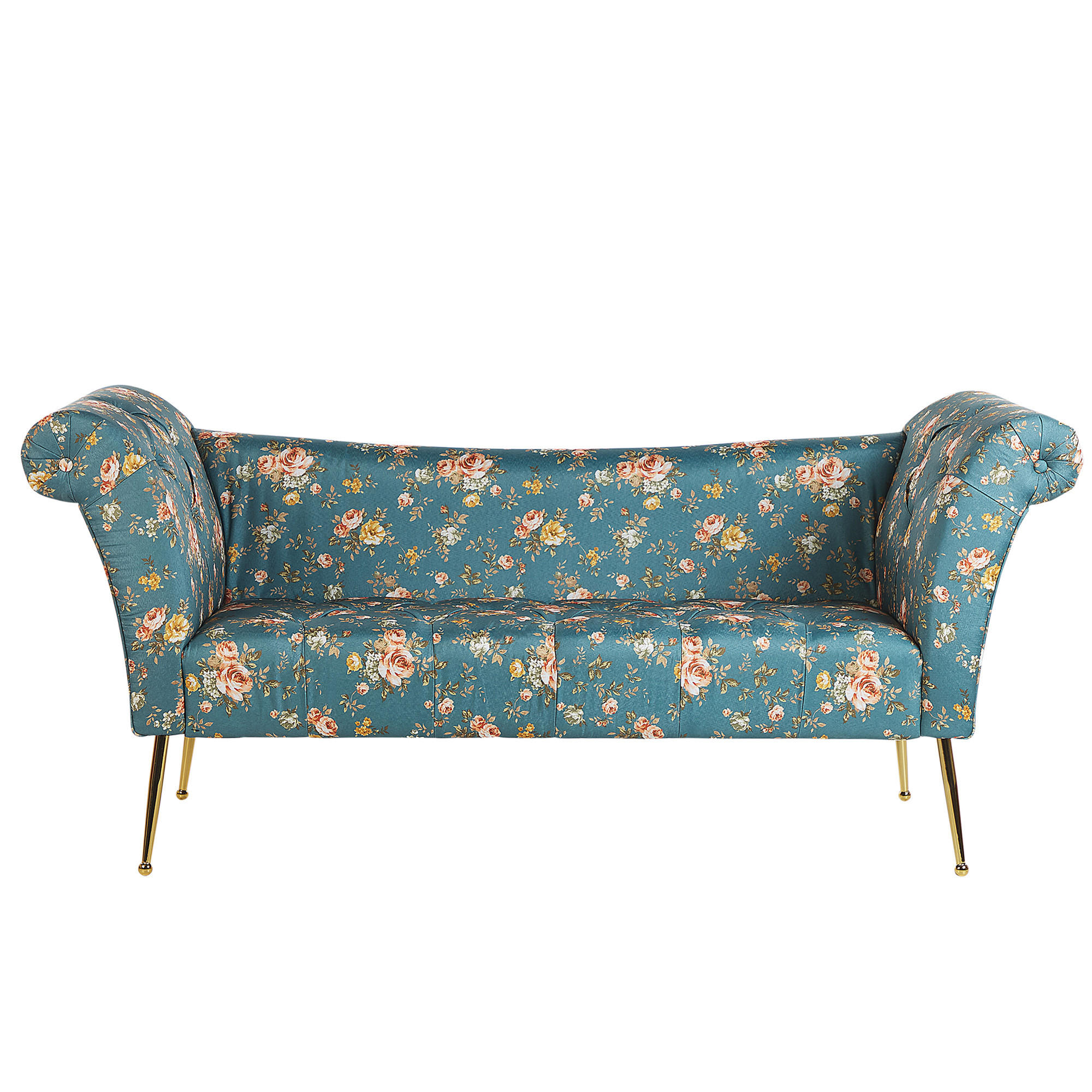 CHAISELONGUE Samtstoff seeblau/gold Blumenmuster Nantilly - Blau/Goldfarben, Textil (175/76/70cm) - Beliani