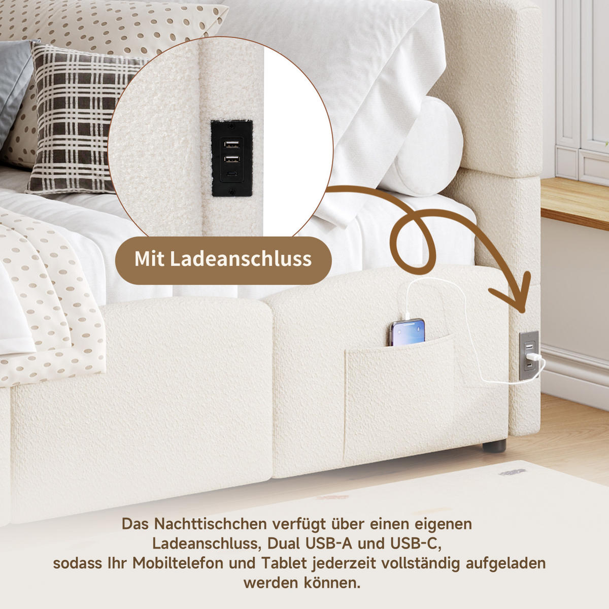 POLSTERBETT 90/200 cm Beige aus Bouclé mit Stauraum - Beige, Textil - OKMYHOME