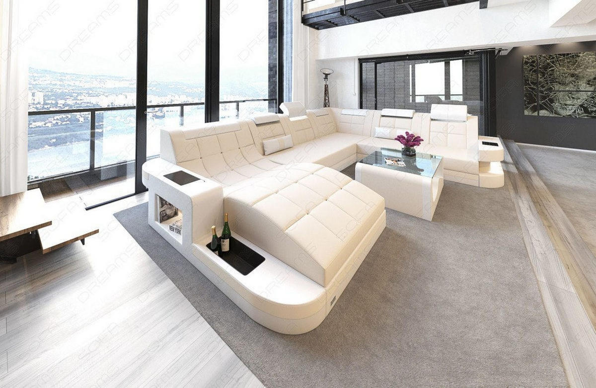 WOHNLANDSCHAFT Wave Elfenbein Weiß Mikrofaserstoff - Creme, Kunststoff (379/80/274cm)