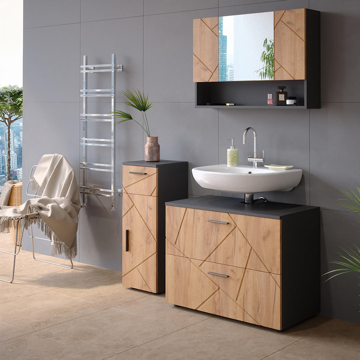 MIDISCHRANK Irma Goldkraft Eiche 30 x 81 cm - Anthrazit/Eiche Wotan, Holzwerkstoff (30/81/30cm) - Vicco