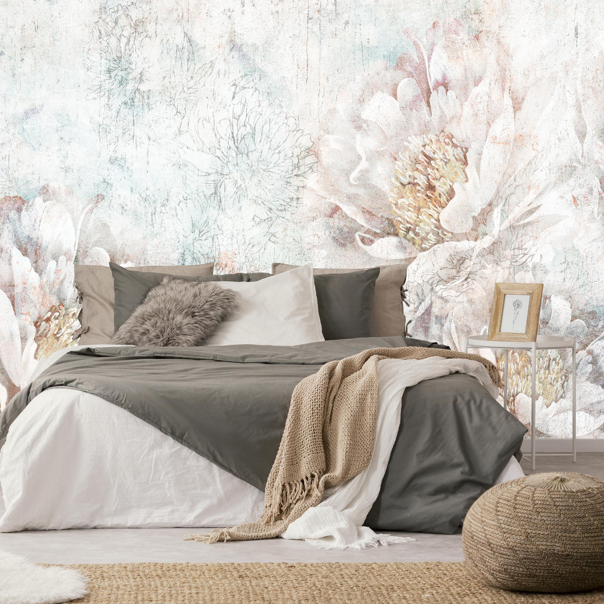 FOTOTAPETE für Büro Pfingstrosen Blumen Beton Vintage 150x105 - Gelb/Rosa, Papier (150/105cm) - Muralo